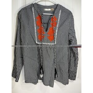 Studio West Black‎ White Gingham Tunic XXL Orange Embroidered Boho Peasant Top